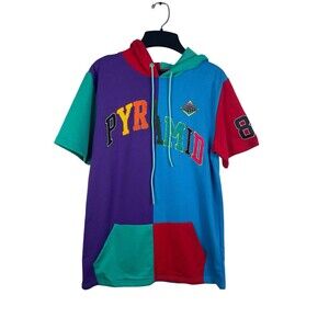Black Pyramid Colorblock Short Sleeve Hoodie M Logo Y2K 90s Inspired Retro Top